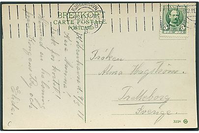 5 øre Fr. VIII på brevkort (Øster Voldgade i København med soldater) annulleret med forsøgsstempel i Kjøbenhavn d. 9.3.1911 til Trelleborg, Sverige.