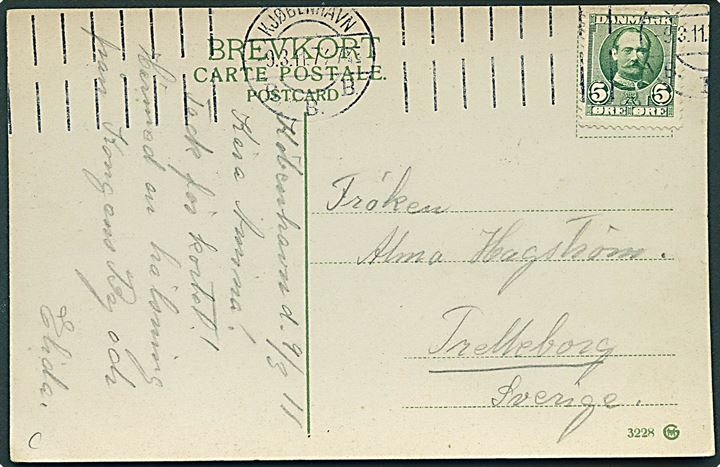 5 øre Fr. VIII på brevkort (Øster Voldgade i København med soldater) annulleret med forsøgsstempel i Kjøbenhavn d. 9.3.1911 til Trelleborg, Sverige.