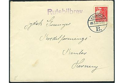 15 øre Karavel på brev stemplet Aalborg B. d. 29.3.1929 og sidestemplet Rutebilbrev til Herning.