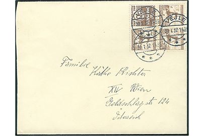 10 øre Bølgelinie og 10+5 øre Dybbøl Mølle i sammentrykt fireblok på brev fra Vejle d. 30.1.1937 til Wien, Østrig.