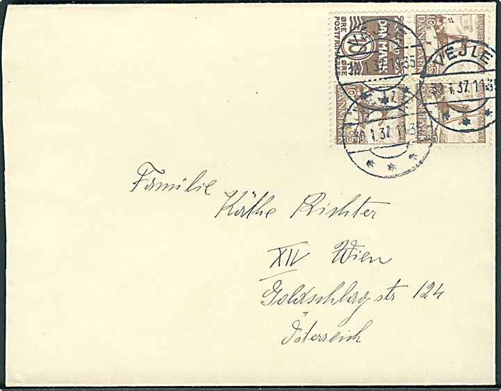 10 øre Bølgelinie og 10+5 øre Dybbøl Mølle i sammentrykt fireblok på brev fra Vejle d. 30.1.1937 til Wien, Østrig.
