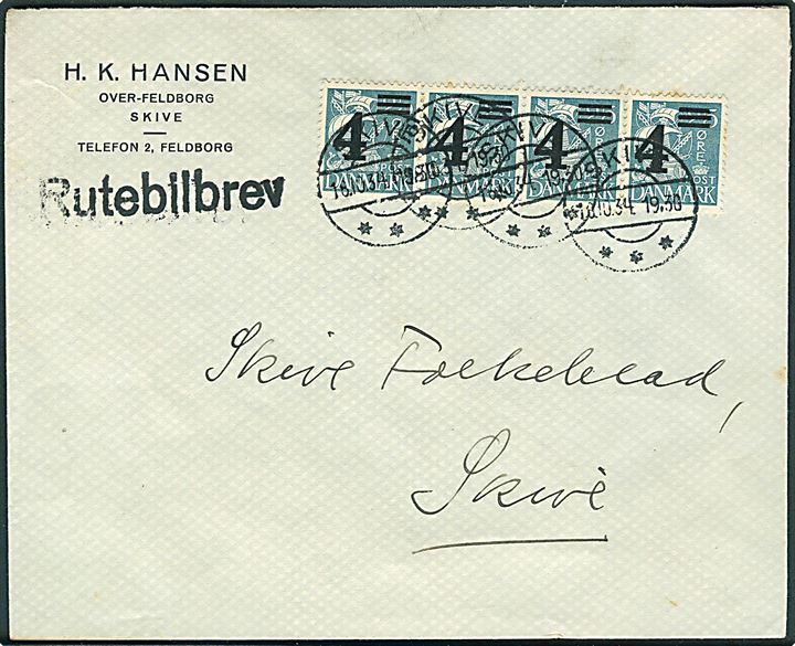 4/25 øre Provisorium på brev fra Over Feldborg annulleret Skive d. 18.10.1934 og sidestemplet Rutebilbrev til Skive.