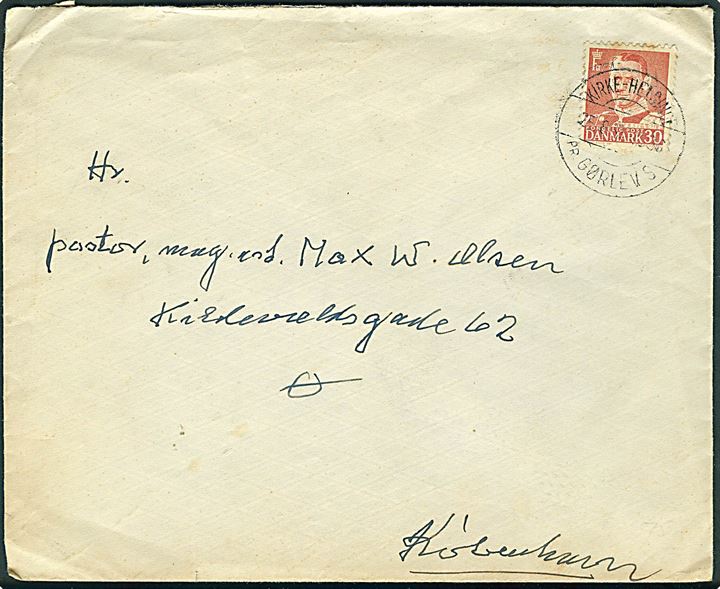 30 øre Fr. IX på brev annulleret med pr.-stempel Kirke-Helsinge pr. Gørlev S. d. 25.8.1955 til København.