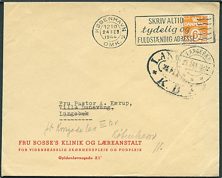 6 øre Bølgelinie på tryksag fra København d. 24.2.1944 til Langebæk - eftersendt til København med ovalt jernbanestempel LANGEBÆK * K.B. * d. 25.2.1944 og brotype IIc Langebæk samme dato.