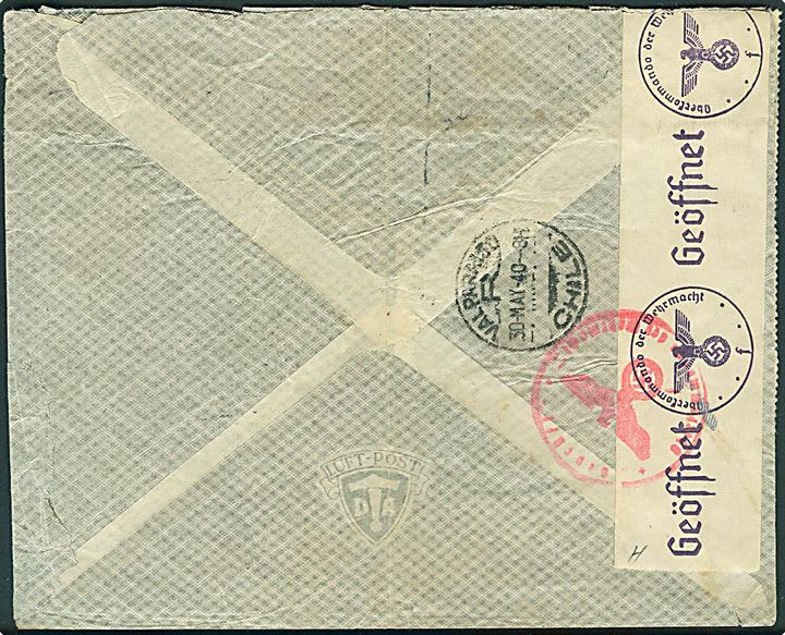 6 øre Bølgelinie på tryksag fra København d. 24.2.1944 til Langebæk - eftersendt til København med ovalt jernbanestempel LANGEBÆK * K.B. * d. 25.2.1944 og brotype IIc Langebæk samme dato.