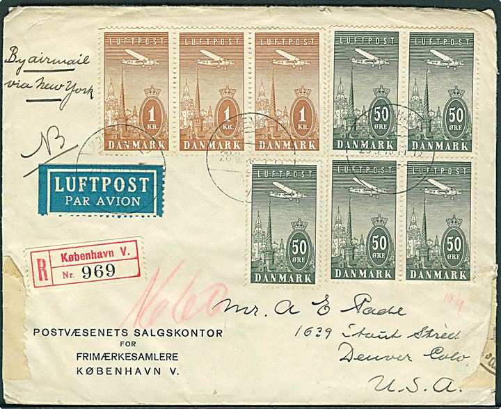 50 øre (5) og 1 kr. (3) Luftpost på anbefalet luftpostbrev fra København d. 28.8.1940 via New York til Denver, USA. Åbnet af tysk censur i Berlin.