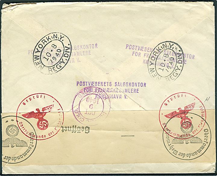 50 øre (5) og 1 kr. (3) Luftpost på anbefalet luftpostbrev fra København d. 28.8.1940 via New York til Denver, USA. Åbnet af tysk censur i Berlin.
