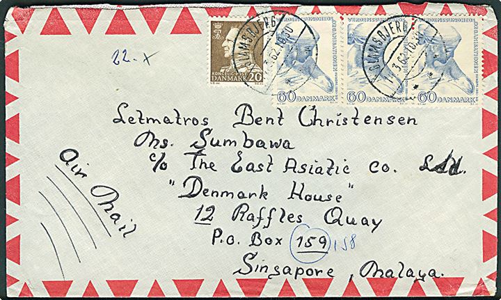 20 øre Fr. IX og 60 øre WHO Møde (3) på luftpostbrev fra Glamsbjerg d. 14.3.1962 til Singapore.