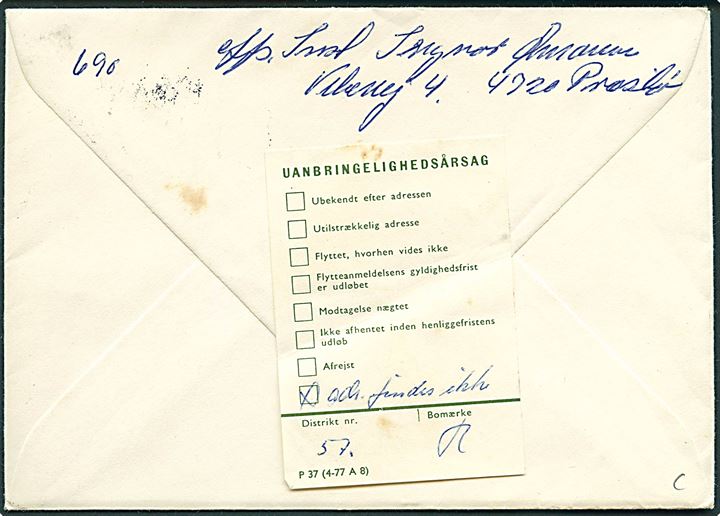 1,30 kr. Oehlenschläger og Julemærke 1979 på brev fra Præstø d. 24.12.1979 til Landet, Tåsinge pr. Svendborg. Retur til afsender.