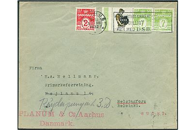 2 øre Bølgelinie, samt 7 øre Bølgelinie og KKKK Reklamemærke i sammentrykt 3-stribe på brev fra Aarhus d. 3.12.1932 til Helsingfors, Finland.