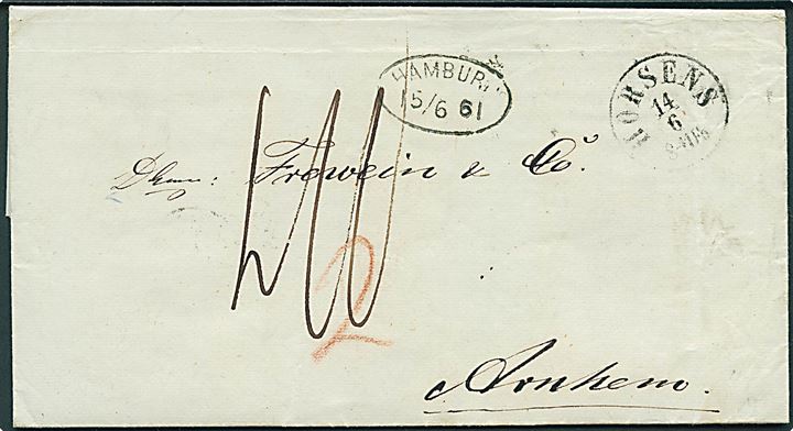 1861. Portobrev med antiqua Horsens d. 14.6.1861 via K.D.O.P.A. Hamburg til Arnhem, Holland. Flere portopåtegninger. Fuldt indhold.