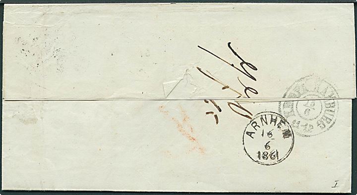 1861. Portobrev med antiqua Horsens d. 14.6.1861 via K.D.O.P.A. Hamburg til Arnhem, Holland. Flere portopåtegninger. Fuldt indhold.