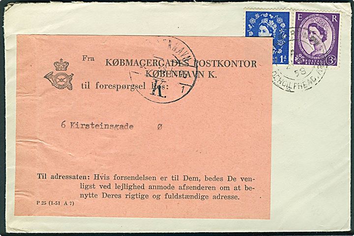1d og 3d Elizabeth på brev 1958 til København, Danmark. Påsat forespørgsels-vignet fra Købmagergades Postkontor P 25 (1-51 A7).