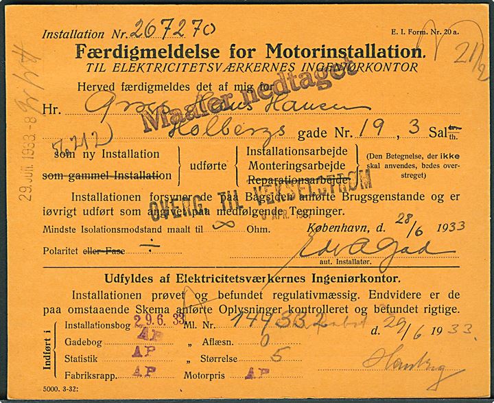Københavns Belysningsvæsen. 80 øre Prøvningsafgift mærke i 3-stribe med perfin K.B. på Færdigmeldelse for Motorinstallation blanket dateret d. 28.6.1933.
