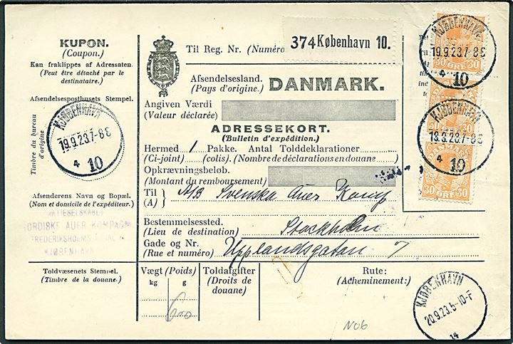 30 øre Chr. X i 3-stribe med perfin NAG på internationalt adressekort for pakke fra firma A/S Nordisk Auer Kompagni i Kjøbenhavn d. 19.9.1923 til Stockholm, Sverige.