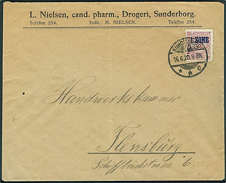 15 øre 1. Zone udg. single på brev stemplet Sonderburg **C d. 16.6.1920 til Flensburg.