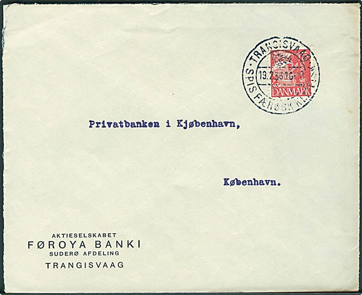 15 øre Karavel på brev annulleret med klipfiskstempel Trangisvaag d. 19.2.1936 til København.