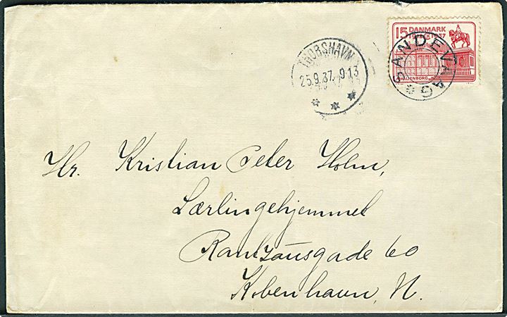 15 øre Regentjubilæum på brev annulleret med udslebet stjernestempel SANDEVAAG og sidestemplet Thorshavn d. 25.9.1937 til København.