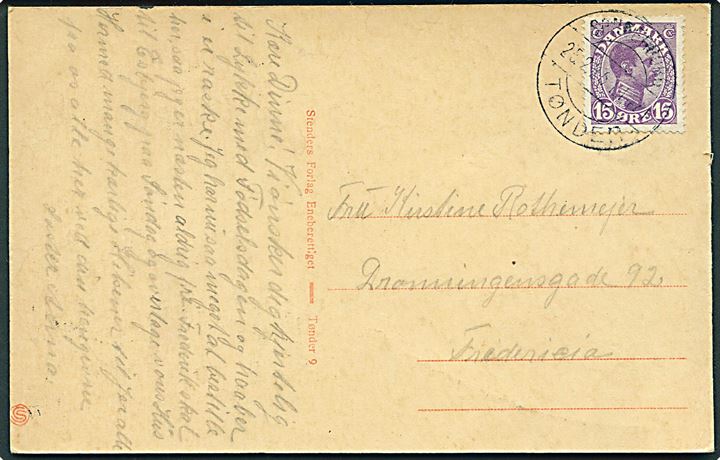 15 øre Chr. X på brevkort fra Tønder annulleret med bureaustempel Sønderborg - Tønder ** T.1471 d. 25.2.1925 til Fredericia.