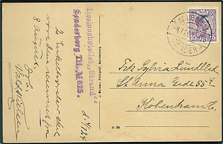 15 øre Chr. X på brevkort fra Sønderborg annulleret med bureaustempel Sønderborg - Tønder sn2 T.1420 d. 4.7.1924 til København.