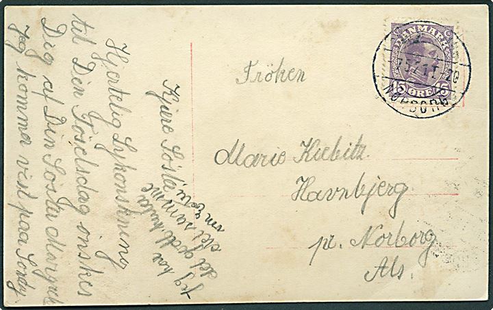 15 øre Chr. X på brevkort annulleret med bureaustempel Sønderborg - Nørborg T.20 d. 7.5.1921 til Nordborg.