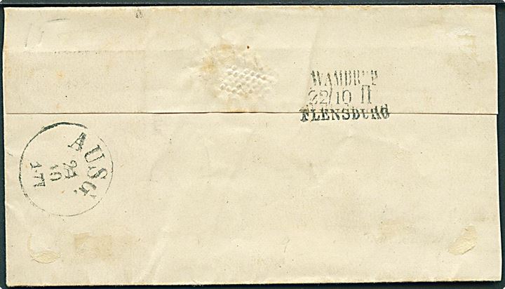 4 sk. Krone/Scepter (2) på brev annulleret med nr.stempel 1 og sidestemplet Kjøbenhavn d. 21.10.1868 til Hürkeswangen, Tyskland. På bagsiden bureaustempel Wamdrup - Flensburg d. 22.10.1868.