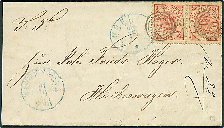4 sk. Krone/Scepter (2) på brev annulleret med nr.stempel 1 og sidestemplet Kjøbenhavn d. 21.10.1868 til Hürkeswangen, Tyskland. På bagsiden bureaustempel Wamdrup - Flensburg d. 22.10.1868.