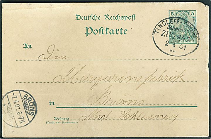 5 pfg. Germania helsagsbrevkort fra Lendemark pr. Bülderup-Bau annulleret med bureaustempel Tingleff - Tondern Bahnpost Zug 847 d. 2.1.1901 til Brøns. Mindre skramme i højre side.