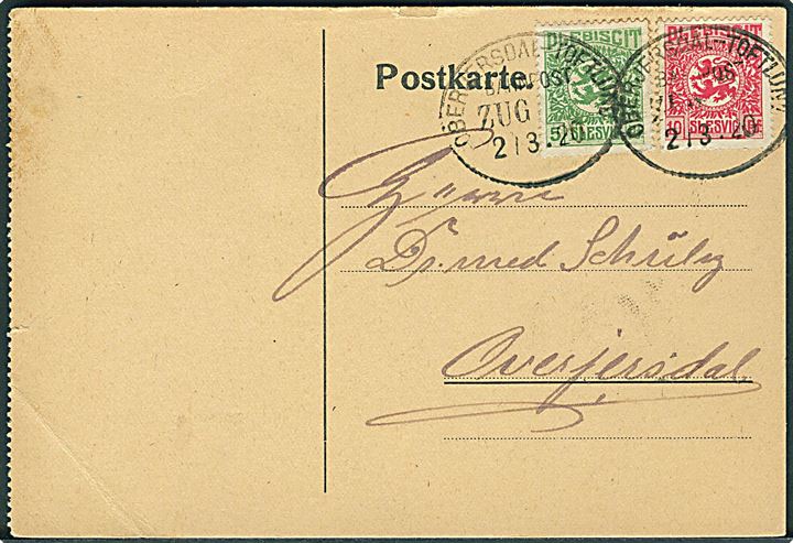 5 pfg. og 10 pfg. Fælles udg. på brevkort fra Galsted annulleret med bureaustempel Overjersdal - Toftlund Bahnpost Zug (uden nr.) d. 2.3.1920 til Overjerstal.
