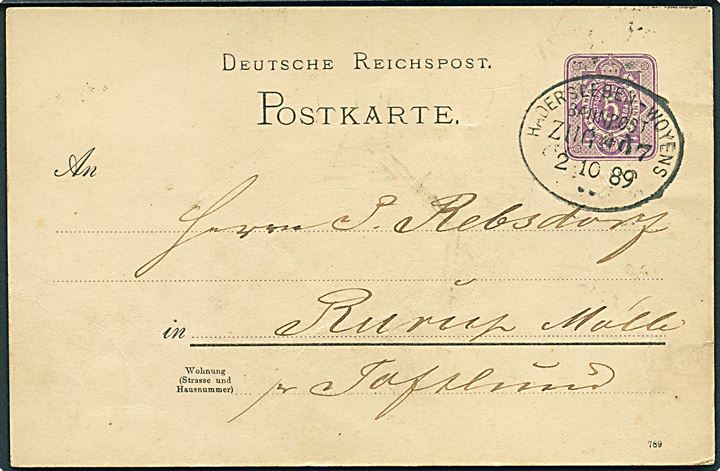 5 pfg. Ciffer helsagsbrevkort annulleret med bureaustempel Hadersleben - Woyens Bahnpost Zug 887 d. 2.10.1889 til Rurup Mølle pr. Toftlund.