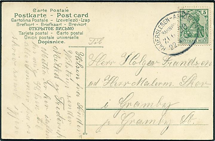 5 pfg. Germania på brevkort annulleret med bureaustempel Hadersleben - Aarösund Bahnpost Zug 20 d. 22.4.1908 til Gramby.