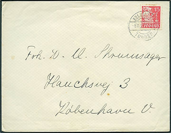 15 øre Karavel på brev annulleret med bureaustempel Bramminge - Tønder sn2 T.(2499?) d. 8.11.1939 til København.