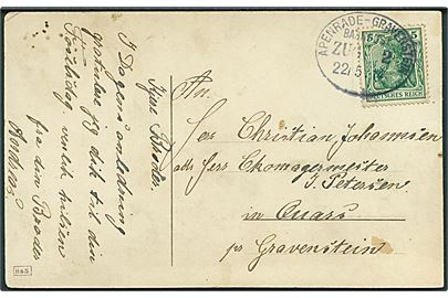 5 pfg. Germania på brevkort annulleret med bureaustempel Apenrade - Gravenstein Bahnpost Zug 2 d. 22.5.1914 til Gravenstein.