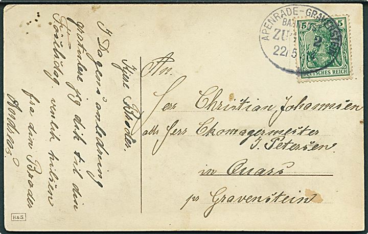5 pfg. Germania på brevkort annulleret med bureaustempel Apenrade - Gravenstein Bahnpost Zug 2 d. 22.5.1914 til Gravenstein.