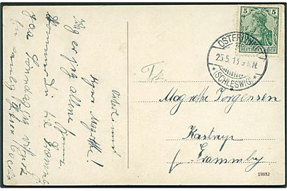 5 pfg. Germania på brevkort stemplet Osterlinnet *(Schleswig)* d. 25.5.1913 til Gramby.