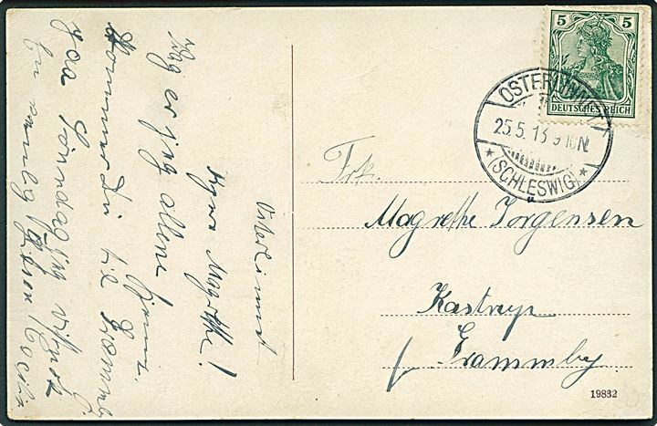 5 pfg. Germania på brevkort stemplet Osterlinnet *(Schleswig)* d. 25.5.1913 til Gramby.