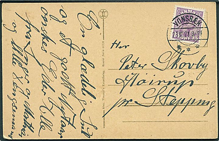 15 øre Chr. X på brevkort annulleret med brotype IIb Vonsbæk d. 23.12.1921 til Stepping.