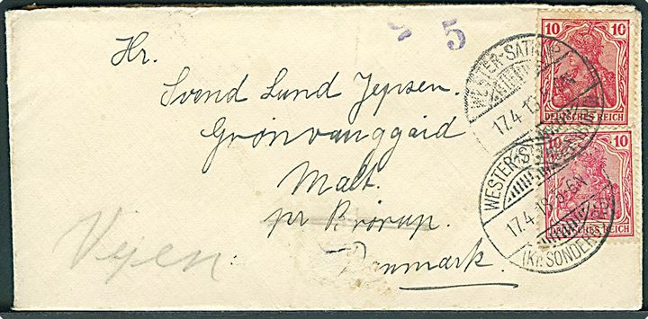 10 pfg. Germania (2) på brev med indhold dateret Tinglef annulleret Wester-Satrup (Kr. Sonderburg) d. 17.4.1918 til Malt pr. Brørup, Danmark - omadresseret til pr. Vejen. Violet censurstempel 5.