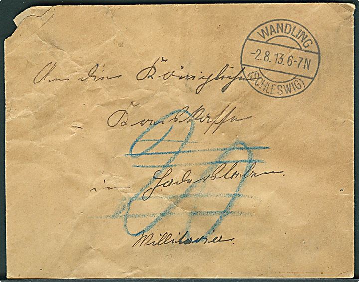 Ufrankeret Militaria-brev stemplet Wandling (Schleswig) d. 2.8.1913 til Haderlsev. Fejlagtigt udtakseret i porto.