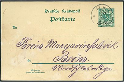 5 pfg. Ciffer helsagsbrevkort annulleret med enringsstempel Uk ** d. 4.12.1894 til Brøns. Fugtskjold.