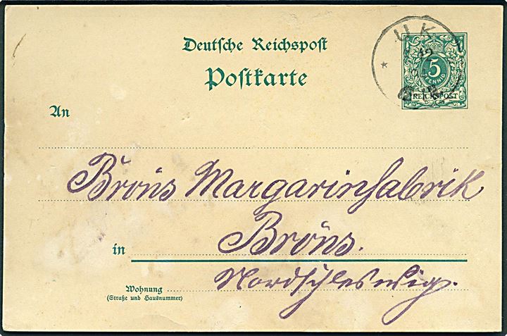 5 pfg. Ciffer helsagsbrevkort annulleret med enringsstempel Uk ** d. 4.12.1894 til Brøns. Fugtskjold.