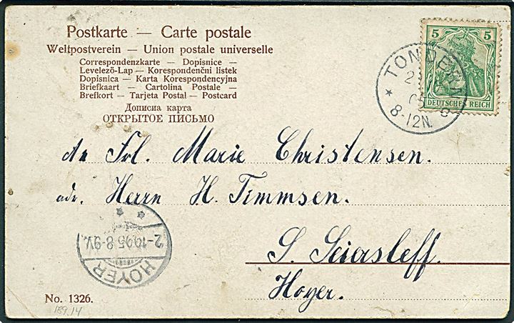 5 pfg. Germania (kort tak) på brevkort annulleret med enringsstempel Tondern *C d. 2.10.1905 til Hoyer.