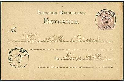 5 pfg. Ciffer helsagsbrevkort stemplet Toftlund d. 24.6.1880 til Rurup Mølle pr. Toftlund.