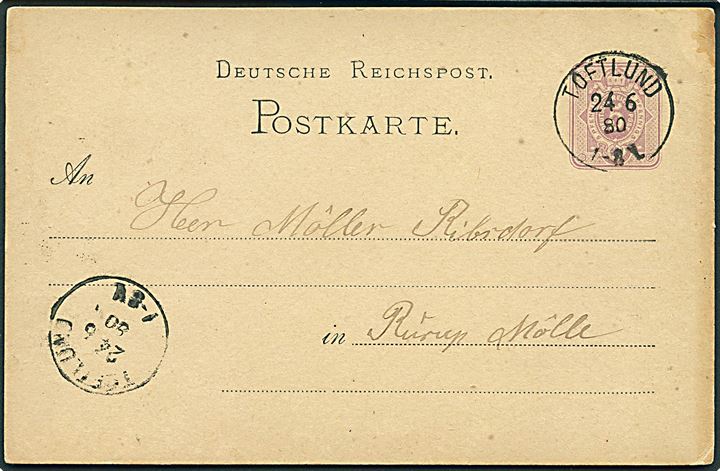 5 pfg. Ciffer helsagsbrevkort stemplet Toftlund d. 24.6.1880 til Rurup Mølle pr. Toftlund.