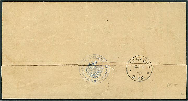 10 pfg. på brev stemplet Sonderburg ** d. 24.1.1888 til Sønderby pr. Schauby. På bagsiden ank.stemplet Schauby d. 25.1.1888.