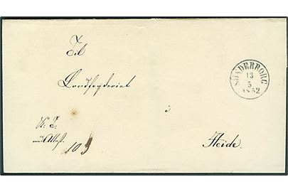 1852. Ufrankeret tjenestebrev mærket K.T.m.Att. og antiqua Sønderborg d. 13-5-1852 til Heide.