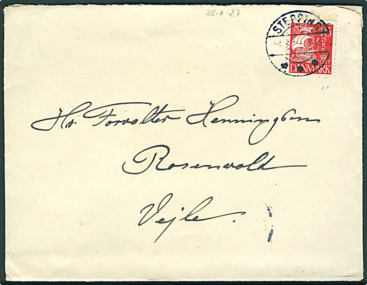 15 øre Karavel på brev annulleret med brotype IIb Stepping d. 28.6.1927 til Vejle.