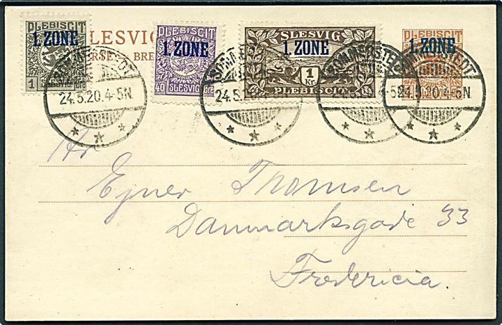 7 øre 1. Zone helsagsbrevkort opfrankeret med 1 øre, 40 øre og 1 kr. 1. Zone stemplet Sommerstedt d. 24.3.1920 til Fredericia.