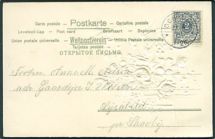 2 pfg. Ciffer på lokalt brevkort annulleret med enringsstempel SCHAUBY d. 29.4.1901.