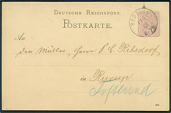 5 pfg. Ciffer helsagsbrevkort annulleret med enringsstempel Rödding d. 17.1.1885 til Rurup pr. Toftlund.